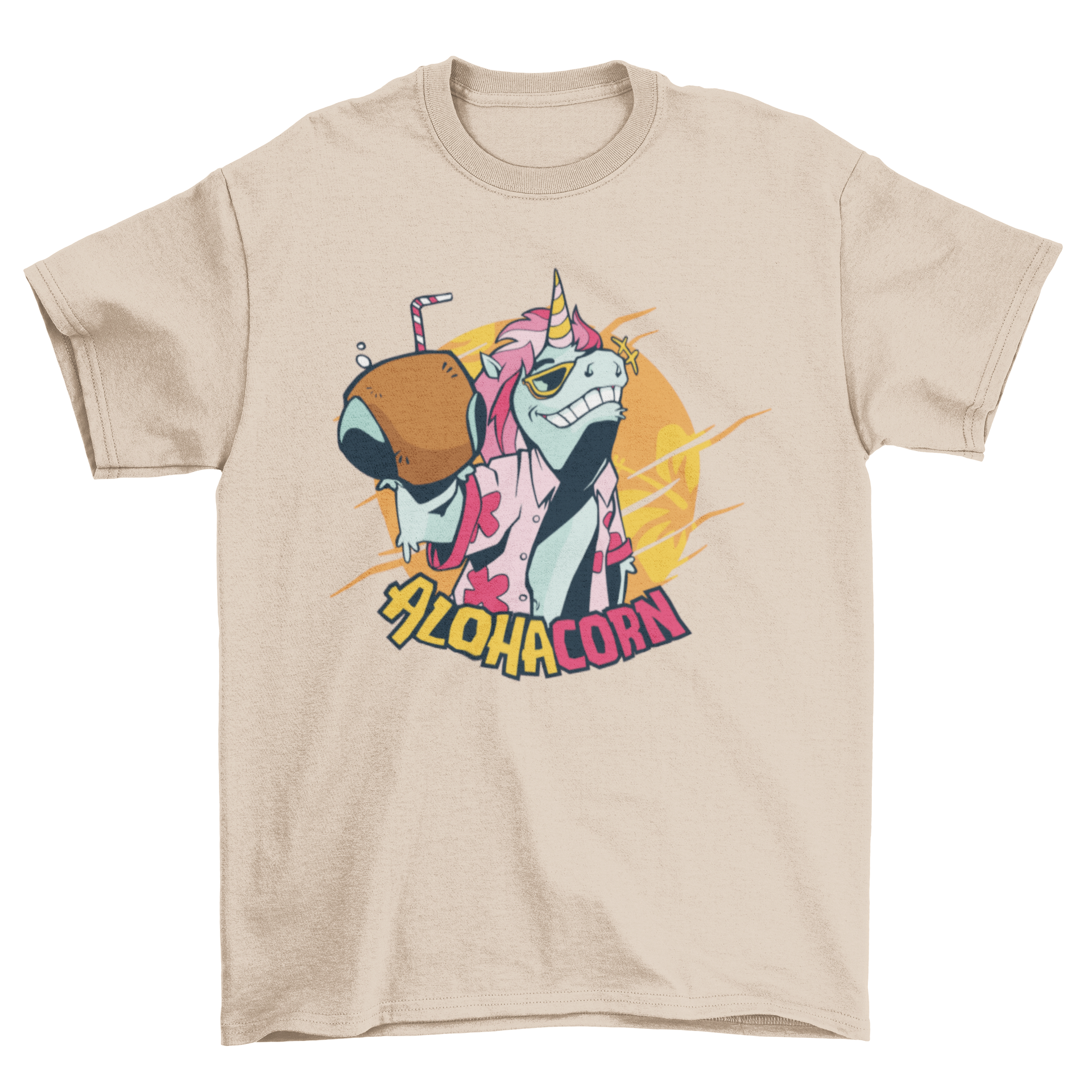 A colorful T-shirt featuring a Hawaiian unicorn design with the text 'ALOHACORN'.